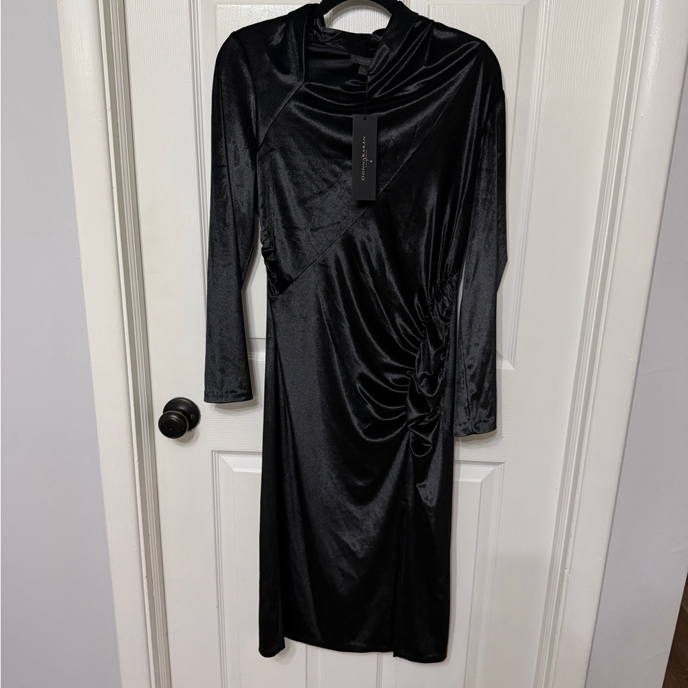 NWT $149!DONNA KARAN NEW YORK black velvet dress long‎ sleeve size 8 - Picture 2 of 6